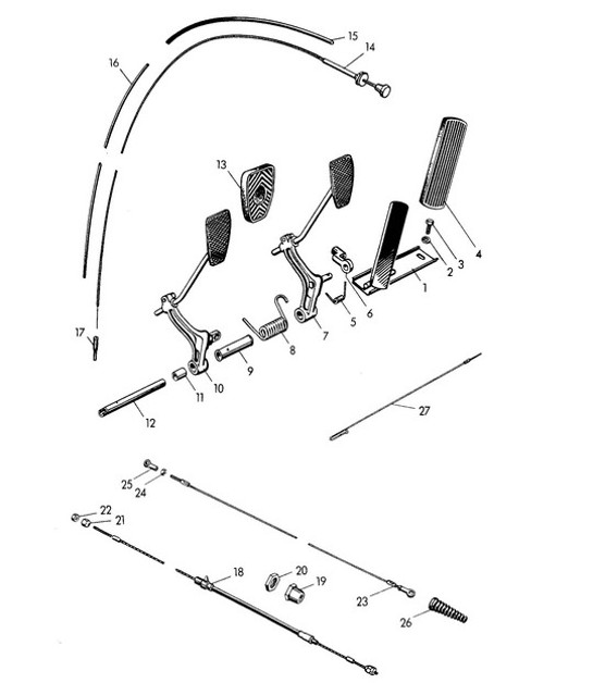 Diagram 702-000 Porsche 997 (911) MK2 2009-2012 Hand Lever System, Pedal Cluster 