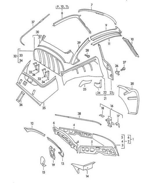 Diagram 801-025 Porsche Cayenne S V6 3.0L Hybride 380 ch Carrosserie