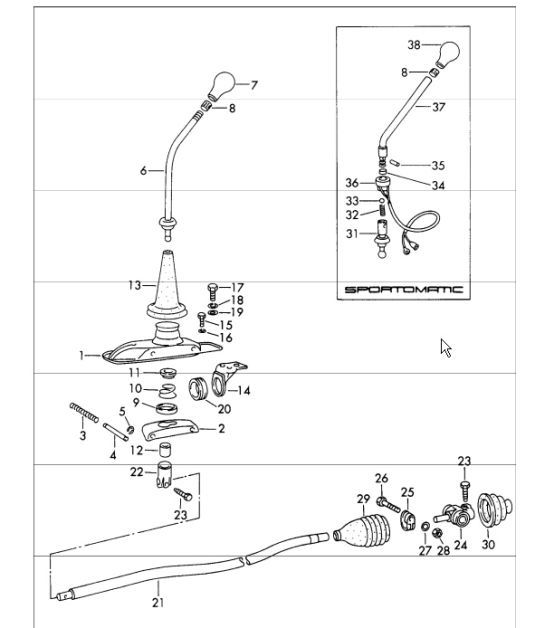 Diagram 701-00 Porsche 996 C4S 3.6L 09/01-2005 Système de levier manuel, groupe de pédales 