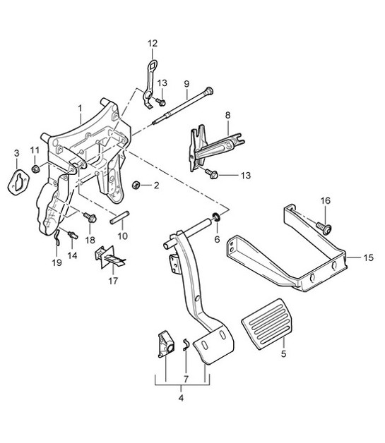 Diagram 702-000 Porsche 996 (911) (1997-2005) Hand Lever System, Pedal Cluster 