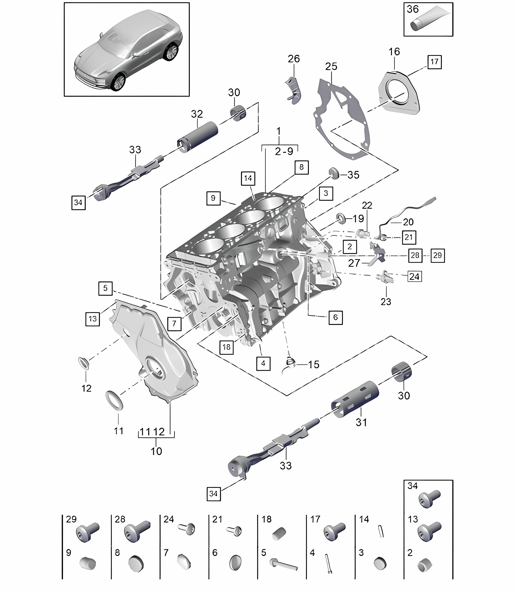 Crankcase housing / Individual parts - PR:T2G - 95B (II / III) Macan 2.0L 2019 - 2024