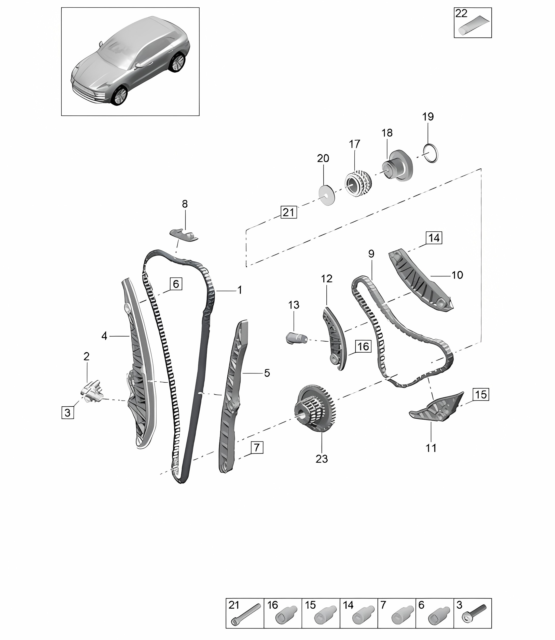 Timing chain / Slider rail /  Chain tensioner - PR:T2B - 95B (II / III) Macan 2.0L 2019 - 2024