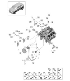 Coolant pump / Thermostat housing  / Coolant pipe / Breather line - PR:TV8 + GP2 -  95B (II / III) Macan 2.9L 2019 - 2024