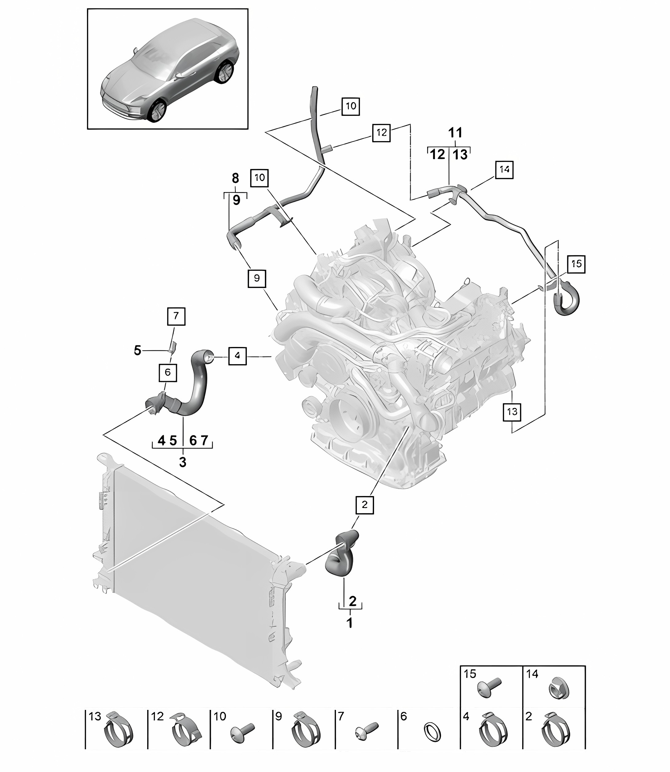 Coolant cooling system / Front end - PR:TV8 + GP2 - 95B (II / III) Macan 2.9L 2019 - 2024