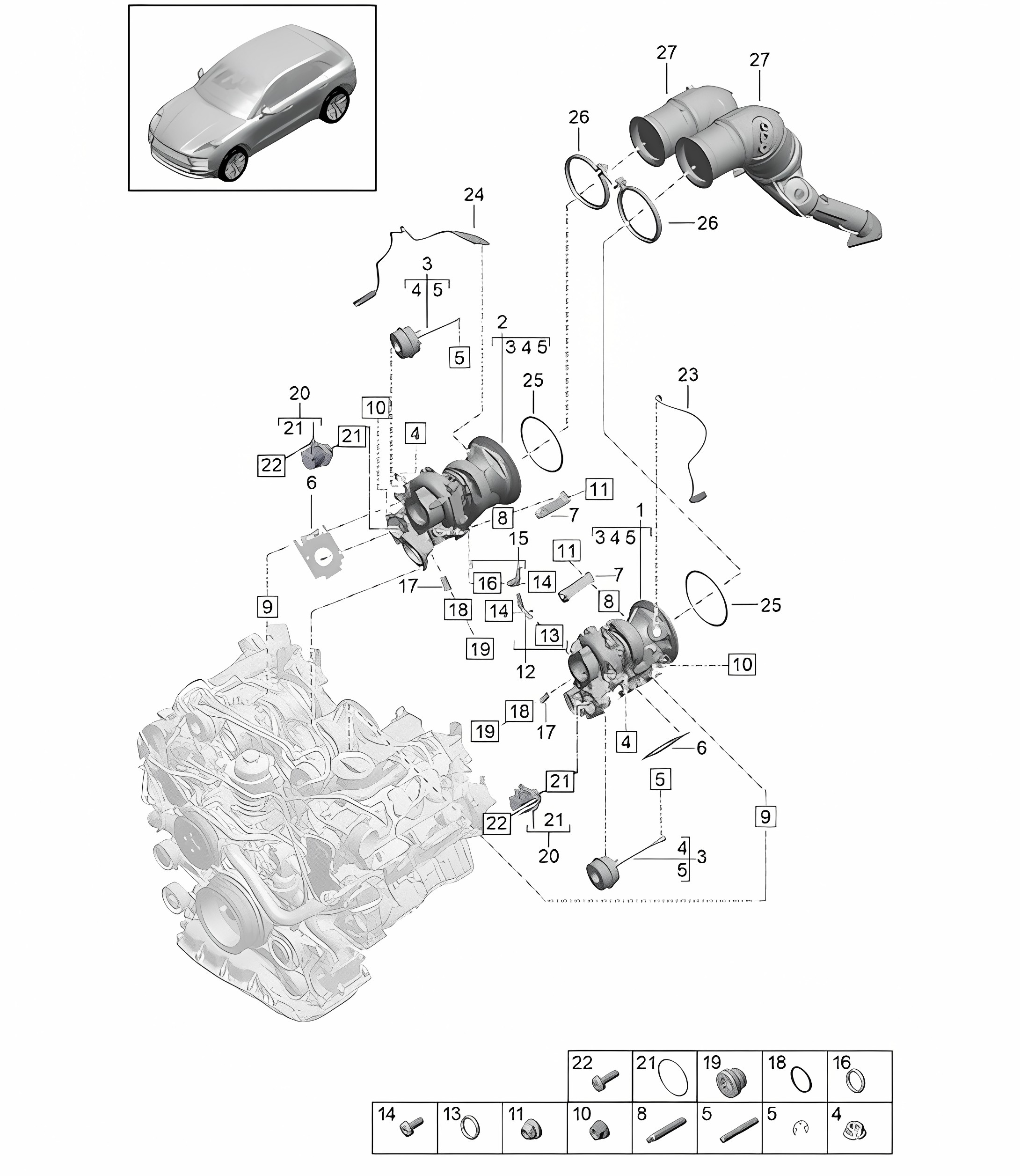 Exhaust gas turbocharger / Exhaust manifolds / Lambda probe - PR:D1C,D29 -  95B (II / III) Macan 2.9L  2019 - 2024