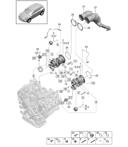 Exhaust gas turbocharger / Exhaust manifolds / Lambda probe - PR:TV8 + GP2 -  95B (II / III) Macan 2.9L 2019 - 2024