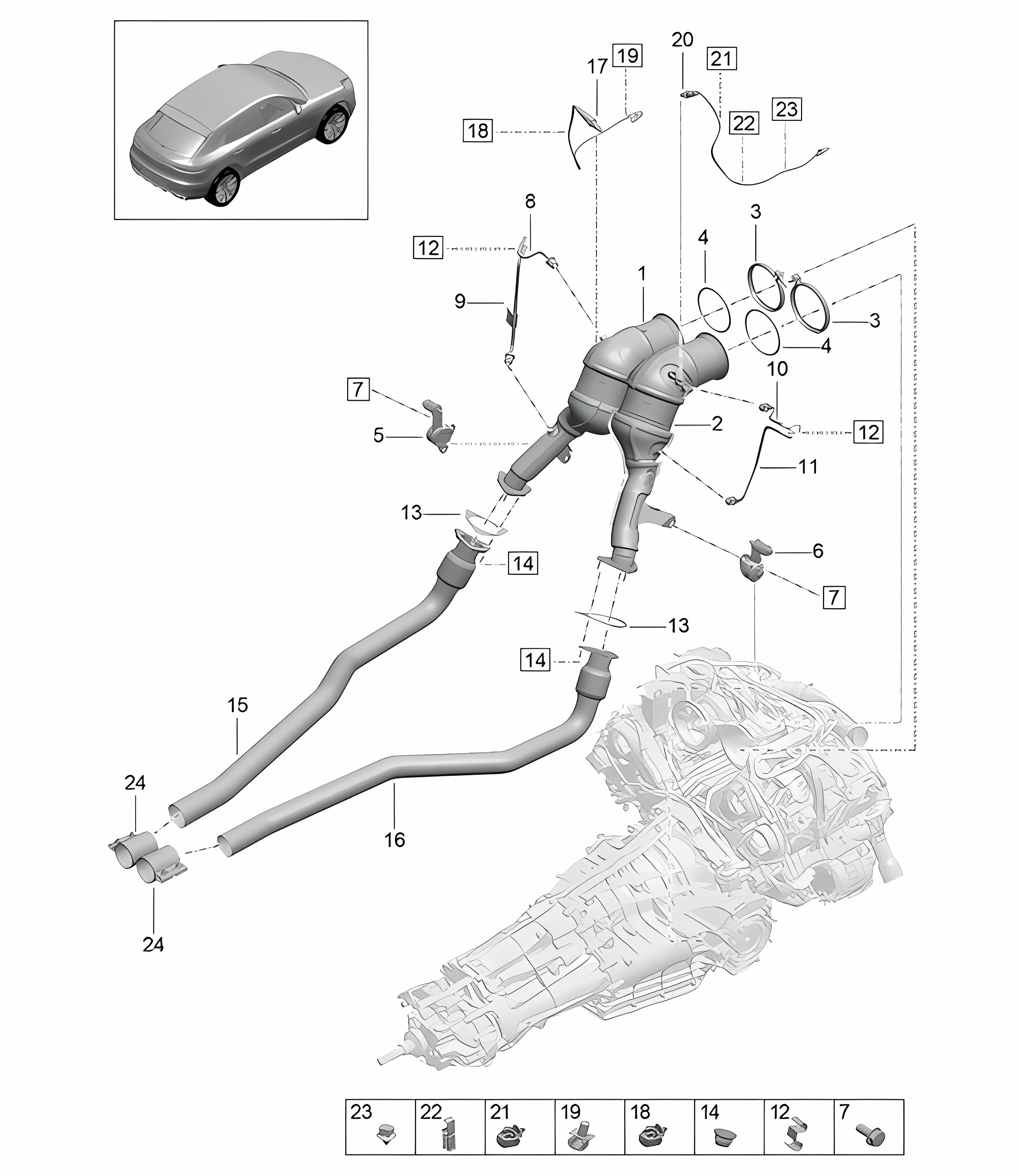Catalytic converter / Petrol particulate filter / Lambda probe - PR:4BI, 7CR + TV8 + GP2 -  95B (II / III) Macan 2.9L 2019 - 2024 
