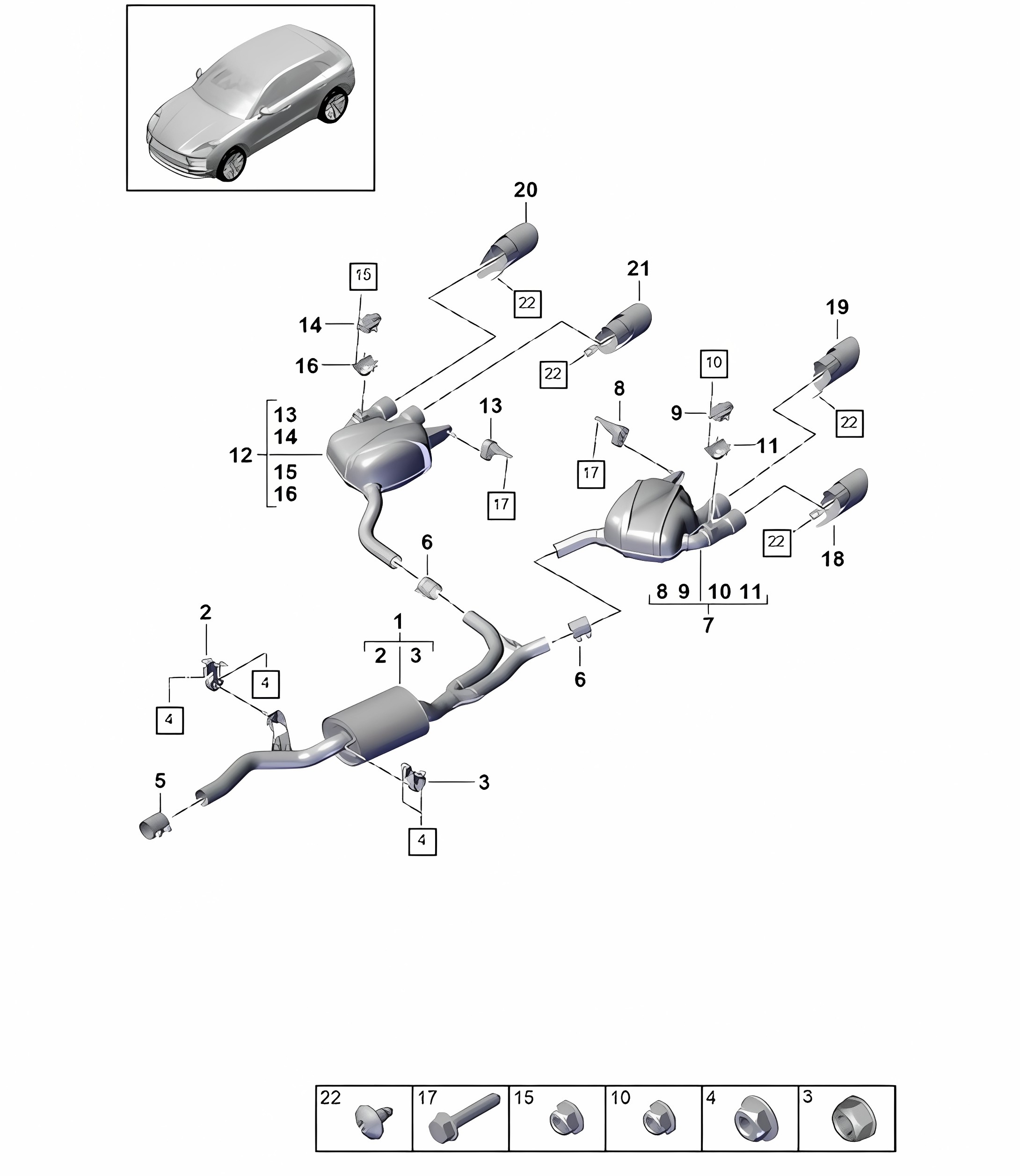 Exhaust system / Exhaust pipe / Rear silencer - PR:0P8, 0P9 + T2G -  95B (II / III) Macan 2.0L  2019 - 2024