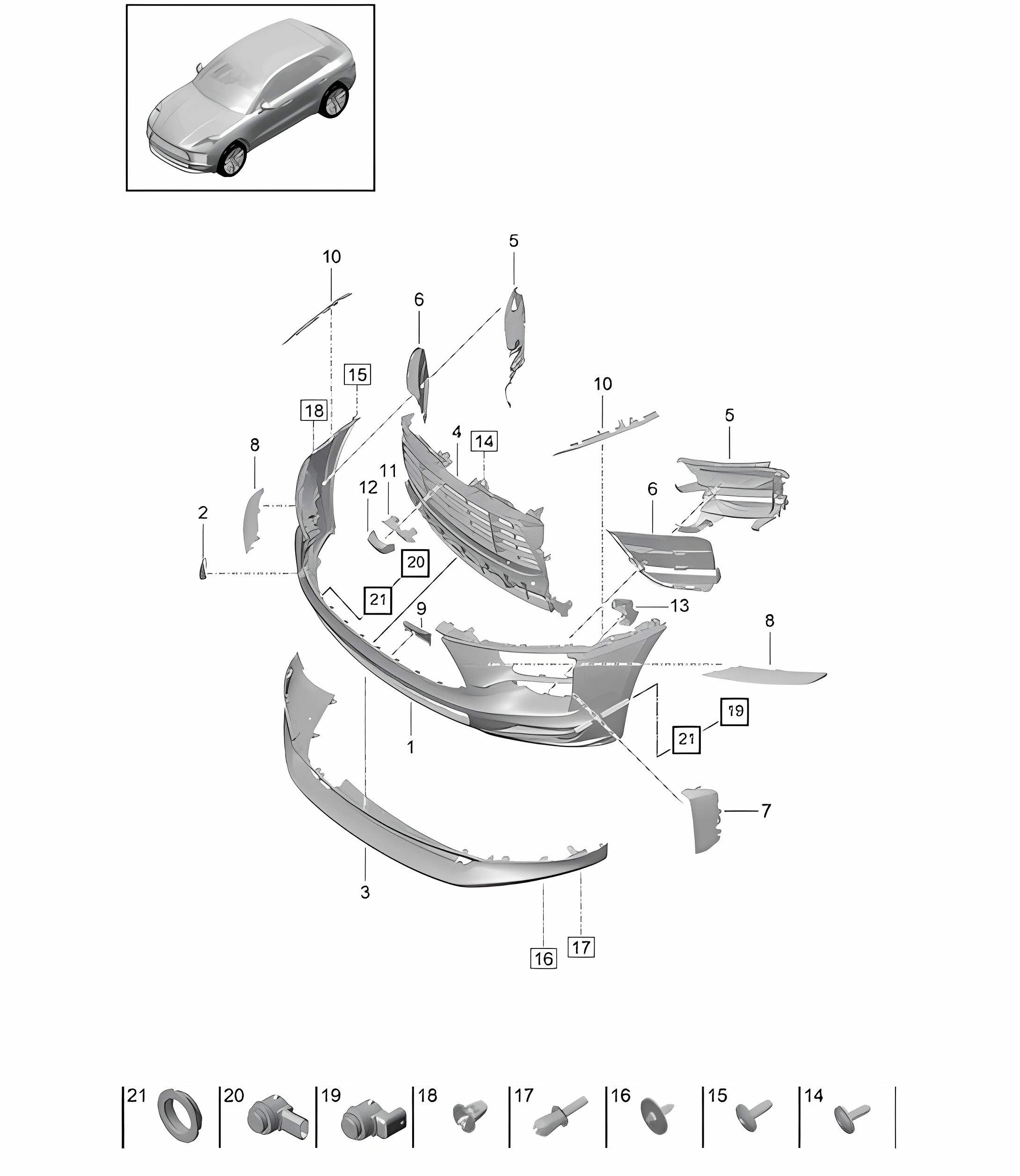 Front bumper - Sport Design Package  / GTS  - PR:2D1, 2D2, E0W -  95B (II / III) Macan 2019 - 2024
