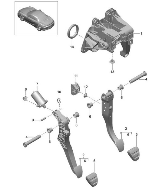 Diagram 702-000 Porsche 996 C4 3.6L 09/01-2005 Hand Lever System, Pedal Cluster 