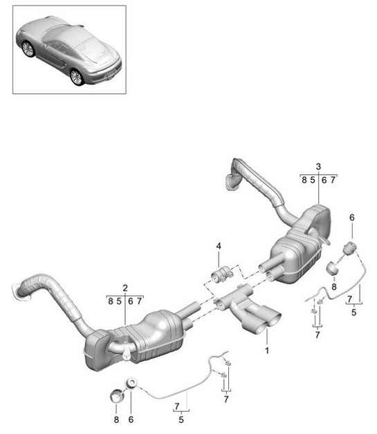 Diagram 202-005 Porsche Cayman T 718 2.0L Manual (300 ch) Système de carburant, système d'échappement