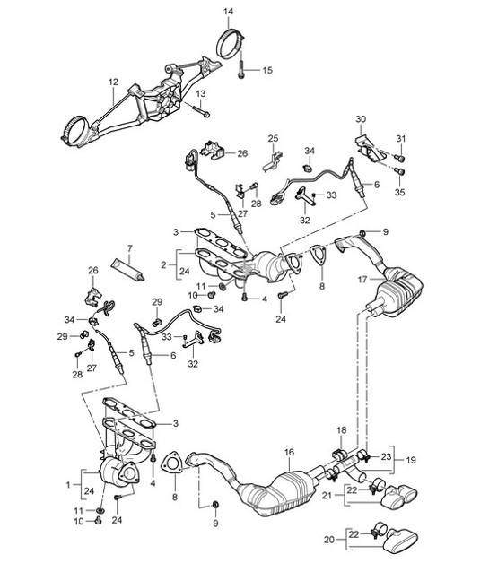 Diagram 202-000 Porsche 997 MkII Turbo 2009>> Sistema de combustible, sistema de escape