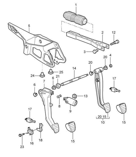 Diagram 702-000 Porsche Cayman 987C/981C (2005-2016) Hand Lever System, Pedal Cluster 
