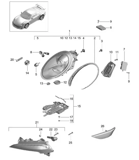 Diagram 905-000 Porsche 991 (911) MK1 2012-2016 Elektrische Ausrüstung
