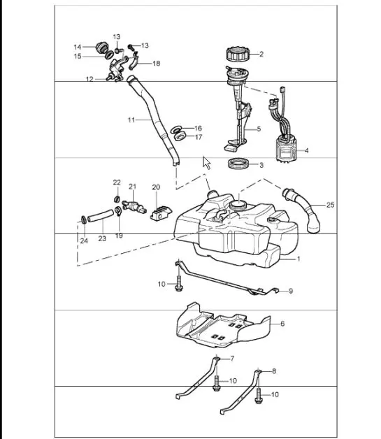 Diagram 201-00 Porsche 997 GT3 2007>> Kraftstoffsystem, Abgassystem