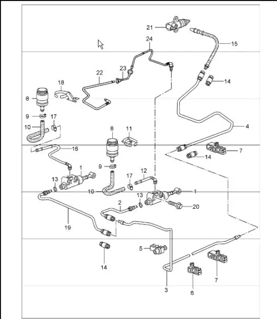 Diagram 702-08 Porsche 996 (911) (1997-2005) Hendelsysteem, pedaalcluster 