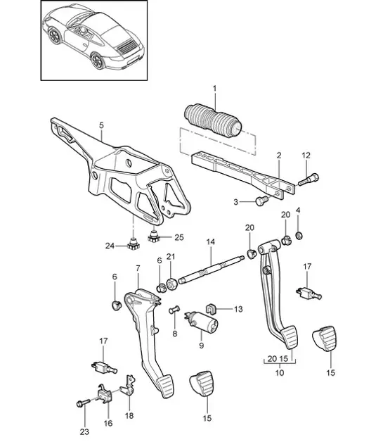 Diagram 702-000 Porsche 997 (911) MK2 2009-2012 Handhebelsystem, Pedalgruppe 