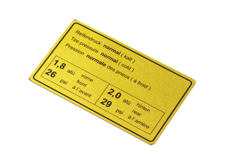 Sticker Tyre Pressure Normal. Porsche 911 65-72 / 914 - 90100650500 Sticker Tyre Pressure Normal. Porsche 911 65-72 / 914 - 90100650500