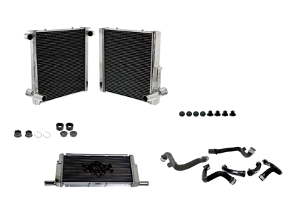 Radiatore in alluminio per liquido refrigerante e tubi flessibili SET DI 3. Porsche 981 Boxster Spyder / 981 Cayman GT4 - 99110613103, 99110613203, 99110613801, 99110613802 - 7067, 7066, 7068