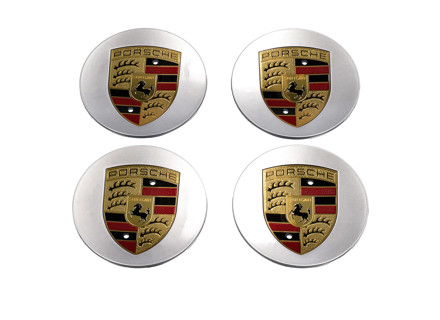Naafdoppenset (4 stuks) Concaaf met gekleurd Porsche embleem, in Brilliant Chrome - 00004460703, 00004460503, 97004460014