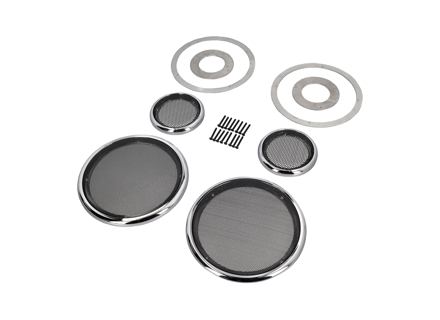Lautsprecher-Zierringe und -Gitter aus massivem Aluminium. Porsche 911 SC / 964 - 91155545301, 91155545101 - SpeakerGrills_4_Chrome, SpeakerGrills_4_Black, SpeakerGrills_4_Silver