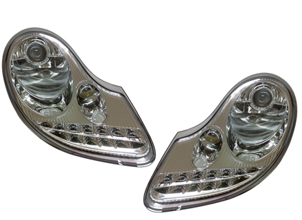 Headlamp with LED Bulbs SILVER RIM. Porsche 996 / Boxster 986 LHD Cars - 99663115701, 99663115801, 98663113117, 98663113217, 99663116301, 99663116401