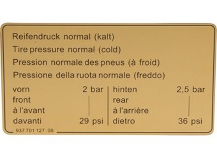 Aufkleber Reifendruck. Porsche 911 1984-89 / 924 / 944 - 93770112700 - 1601500906 Aufkleber Reifendruck. Porsche 911 1984-89 / 924 / 944 - 93770112700 - 1601500906