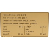 Sticker Tyre Pressure. Porsche 911 1984-89 / 924 / 944 - 93770112700 - 1601500906 Sticker Tyre Pressure. Porsche 911 1984-89 / 924 / 944 - 93770112700 - 1601500906