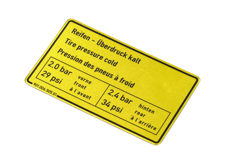 Adesivo Pressione dei pneumatici. Porsche 911 73-83 / 911 Turbo 75-77 - 90100650501 Adesivo Pressione dei pneumatici. Porsche 911 73-83 / 911 Turbo 75-77 - 90100650501